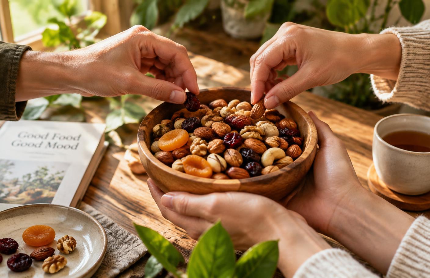 Sharing a bowl of nuts and dry fruits